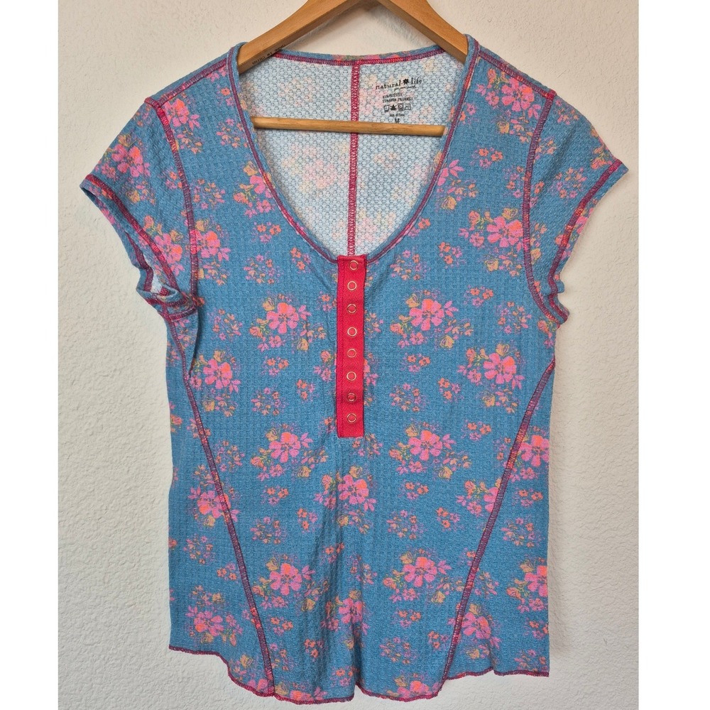 Natural Life Reagan Floral Waffle Knit Henley Top Short Sleeve Size Medium